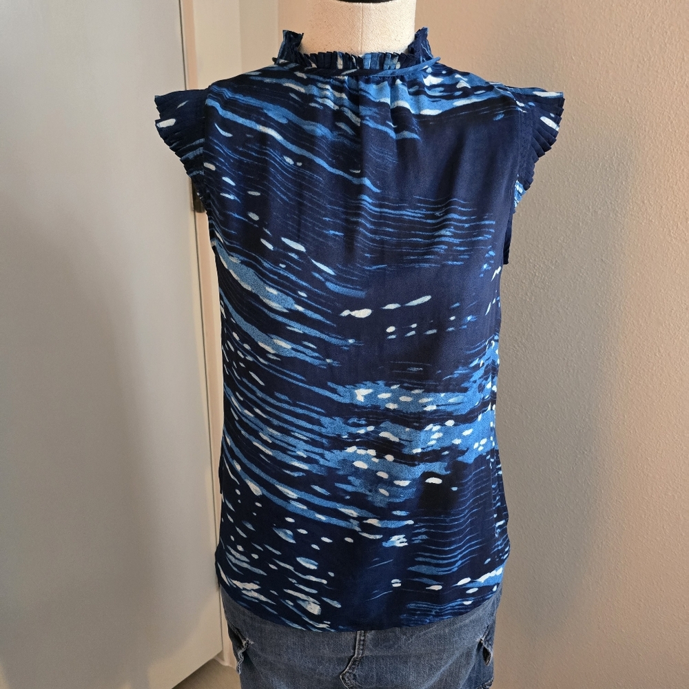 DKNY Women's Pleated Tie Lapis Blue Sleeveless V Neck Top Size Small